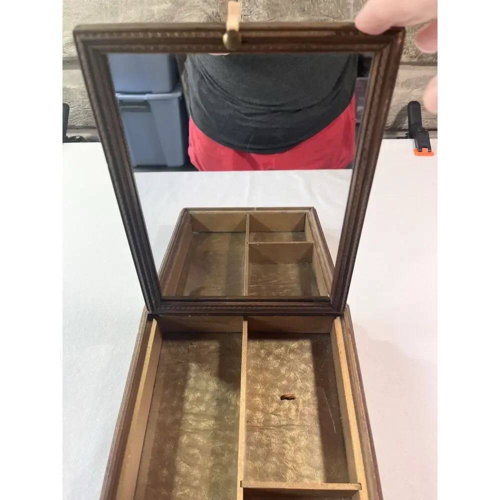 Antique Wooden Jewelry Box With Rococo Print